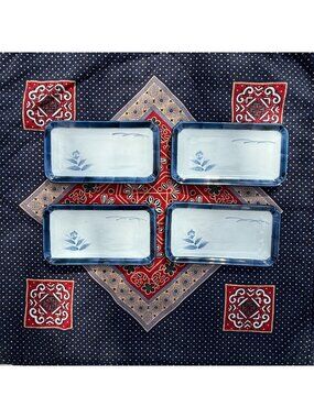 Vtg Set of 4 Japanese Blue/White Small Rectangle Sushi Dish Plates